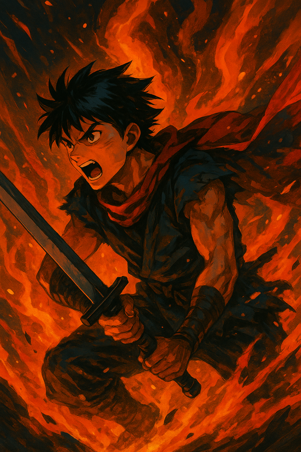 Animated young boy who is engaged in a fiery battle.
