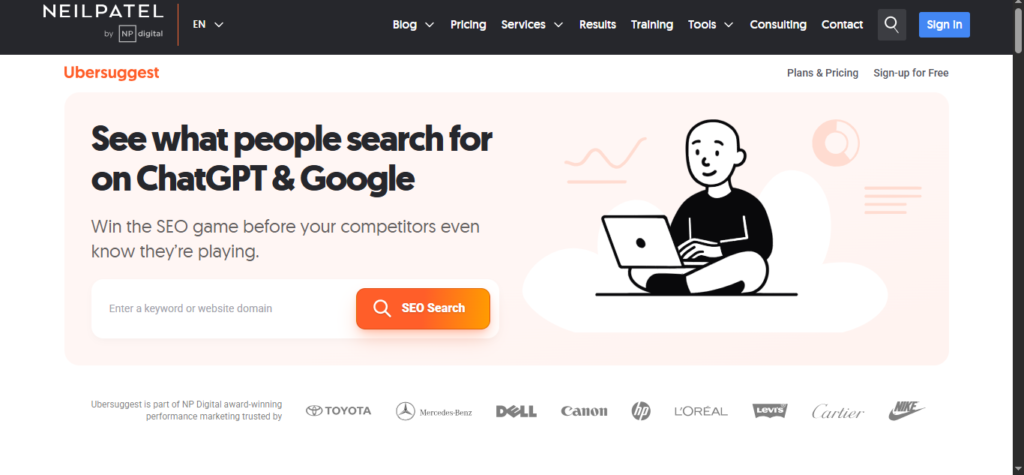 screenshot of ubersuggest, an SEO tool 